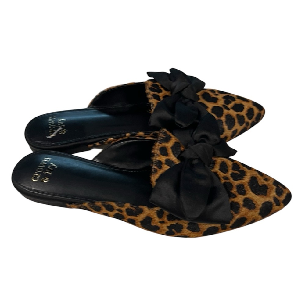 CROWN & IVY Leopard Calf Hair Leather Pointed Toe Mules Size 8 NWOB